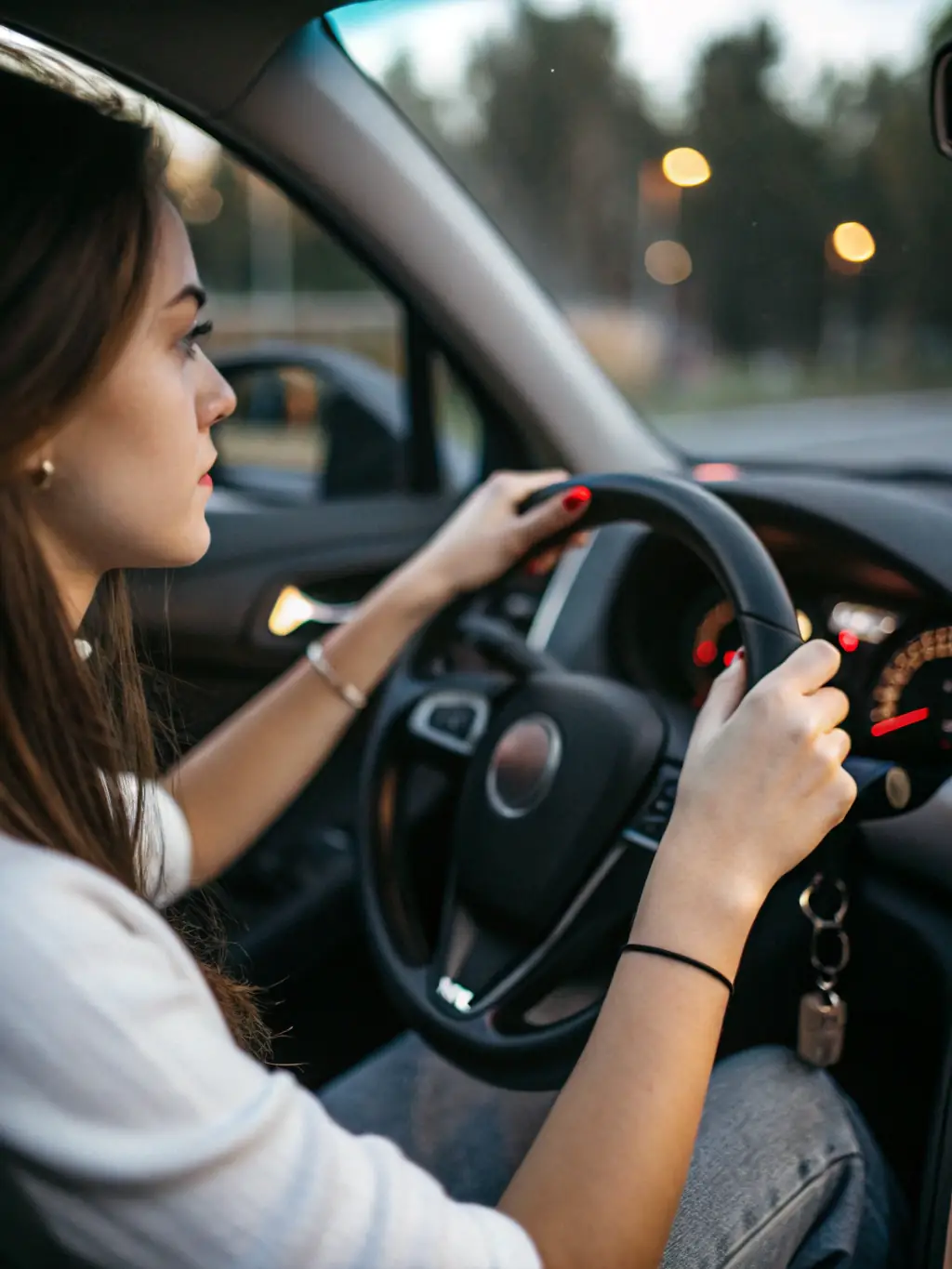 A close-up shot of a driver's hands properly positioned on the steering wheel, demonstrating the correct grip for optimal control and safety while driving.