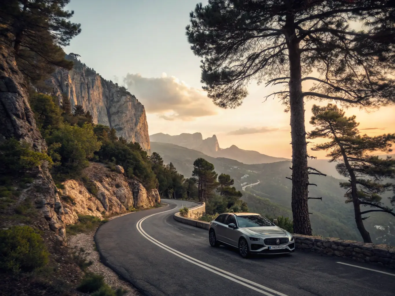 A high-angle shot of a modern car parked in front of a scenic mountain road, symbolizing car reviews and automotive adventures.